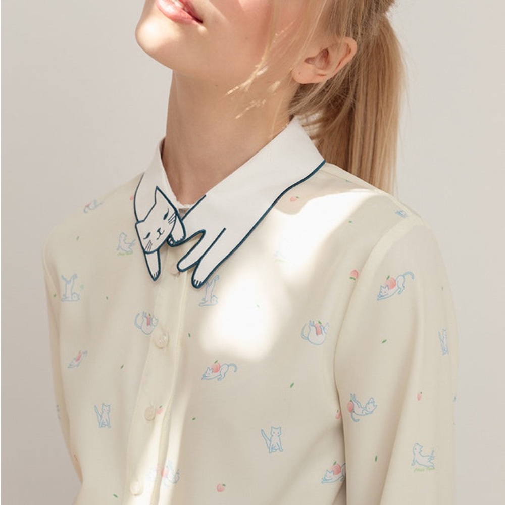 Miss Patina Pale Yellow Peach Cat Collar Button Down Shirt